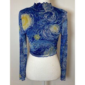 Shein Shirt Vincent VanGogh Starry Night Mesh Long Sleeve Crop Blue Yellow L